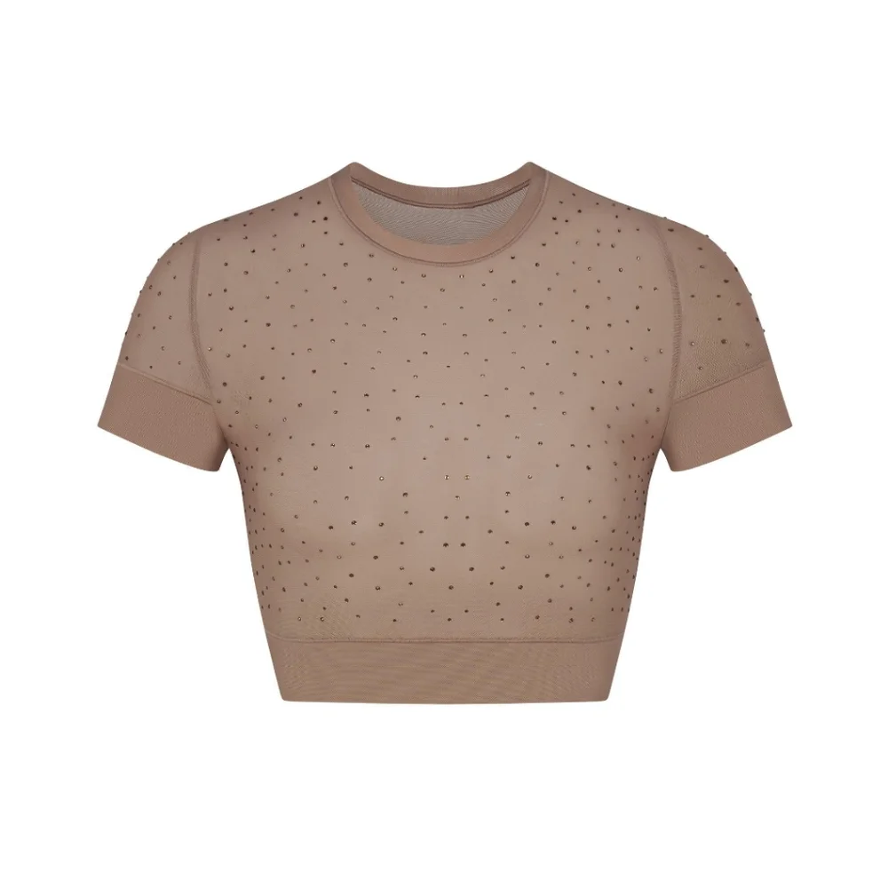 NWT SKIMS MESH RHINESTONE COVER UP T-SHIRT IN DESERT